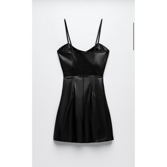 Zara Black Faux Leather Mini Dress NEW spaghetti Strap Zip Up Back Size Medium - Picture 3 of 11